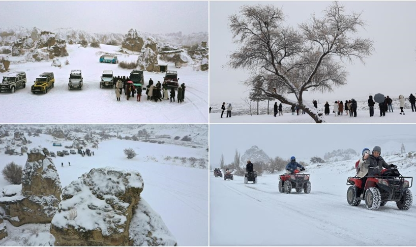 Kar güzelliği eklenen Kapadokya turistleri büyüledi