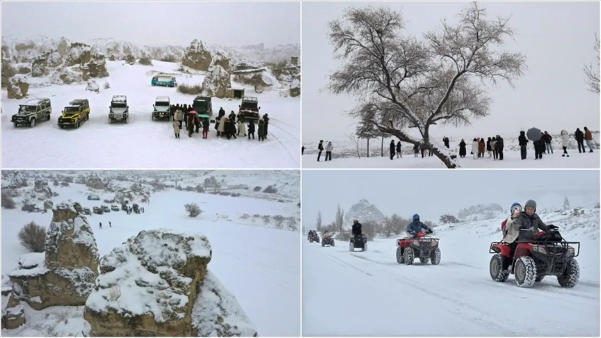 Kar güzelliği eklenen Kapadokya turistleri büyüledi