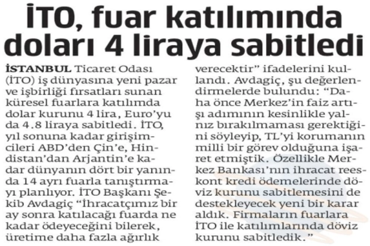 İTO fuar katılımında doları 4 liraya sabitledi