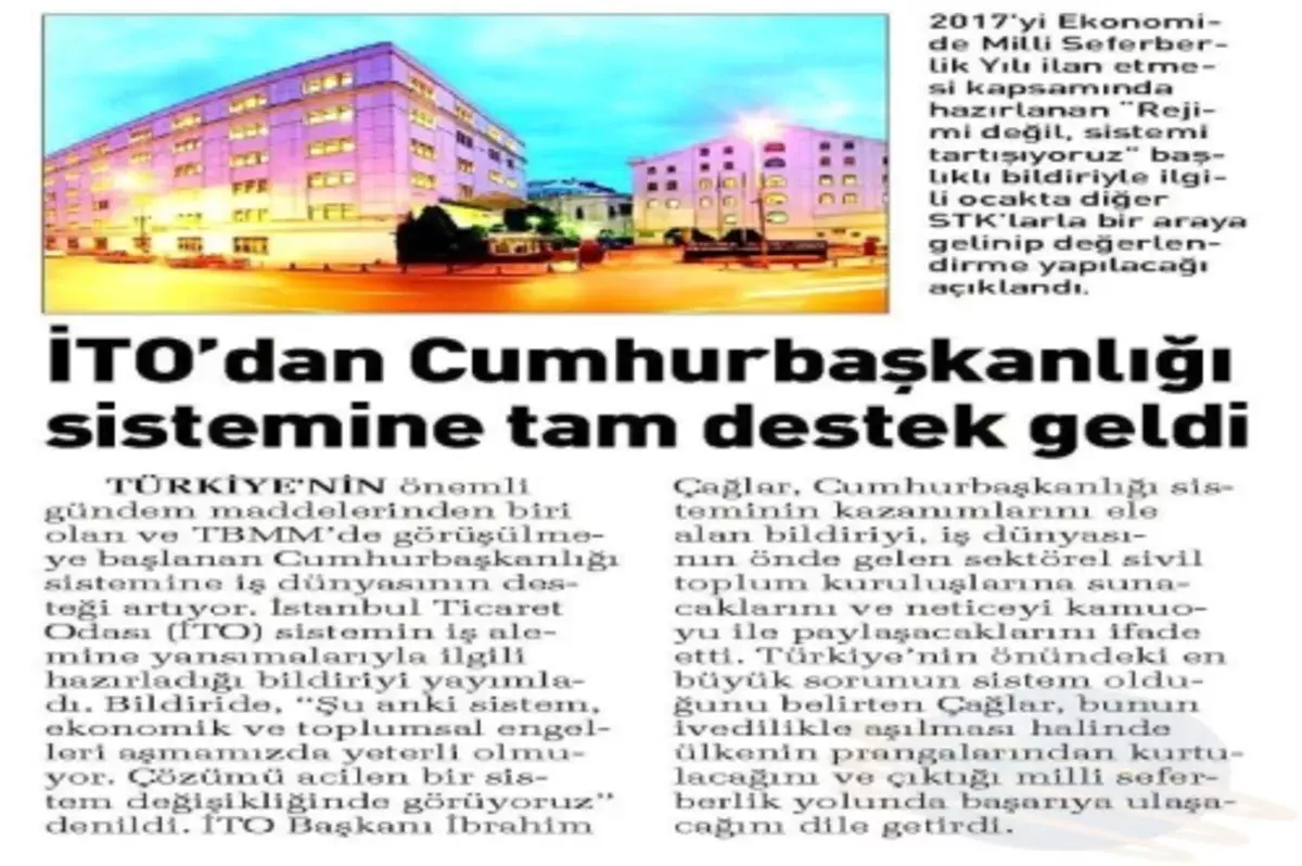 İTO'dan Cumhurbaşkanlığı sistemine tam destek geldi