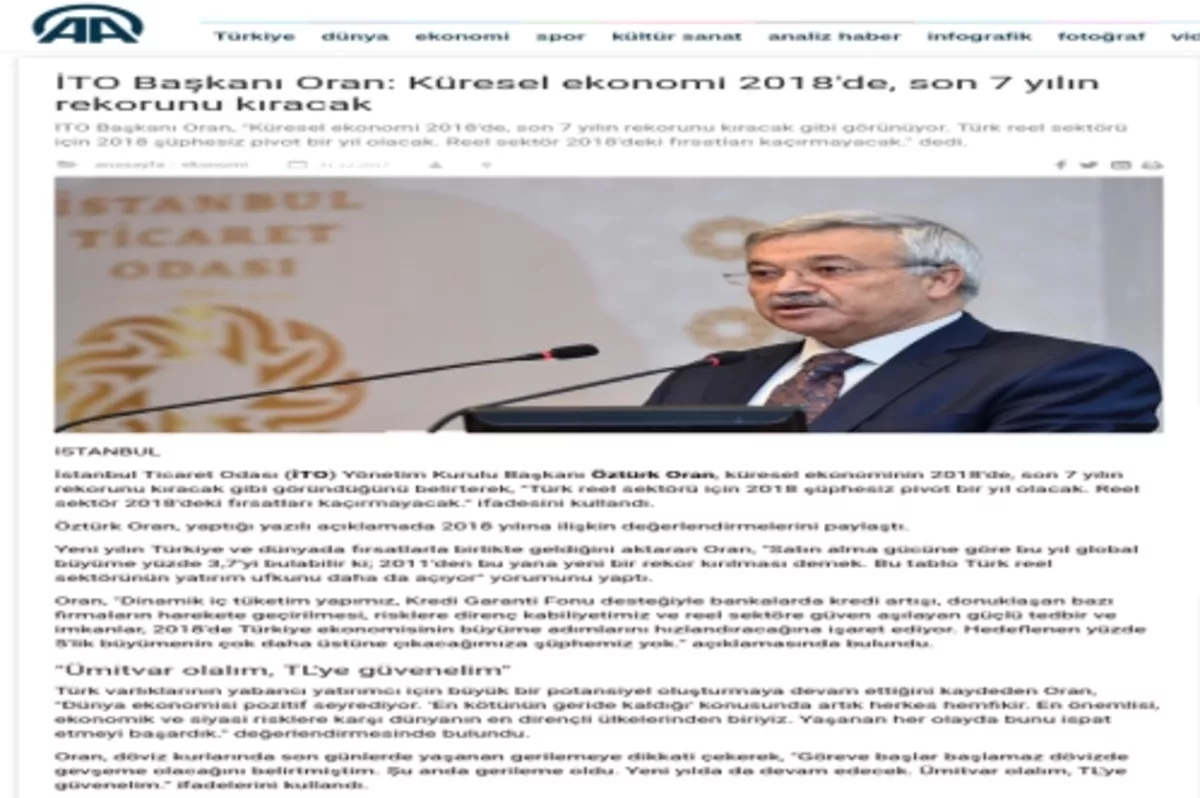 İTO Başkanı Oran: Küresel ekonomi 2018'de, son 7 yılın rekorunu kıracak