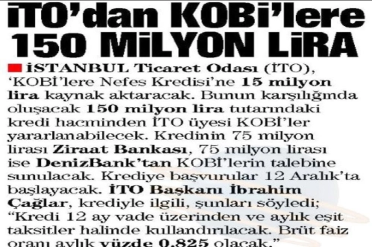 İTO'dan KOBİ'lere 150 MİLYON LİRA